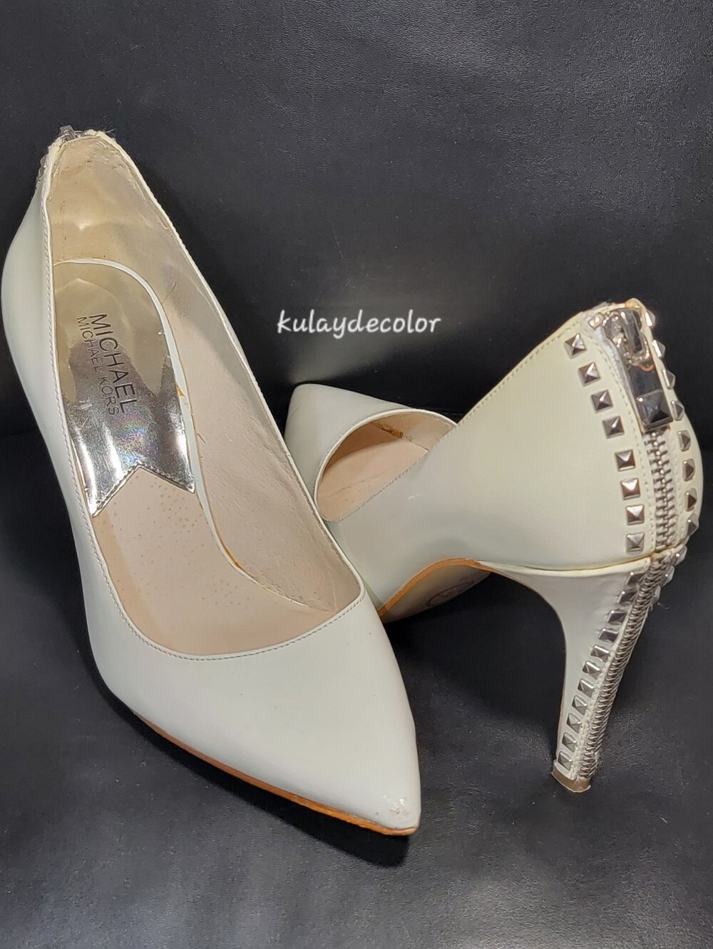 Michael Kors Ivory Leather Pointed Toe Pumps Zipper Heel Studded Stilettos